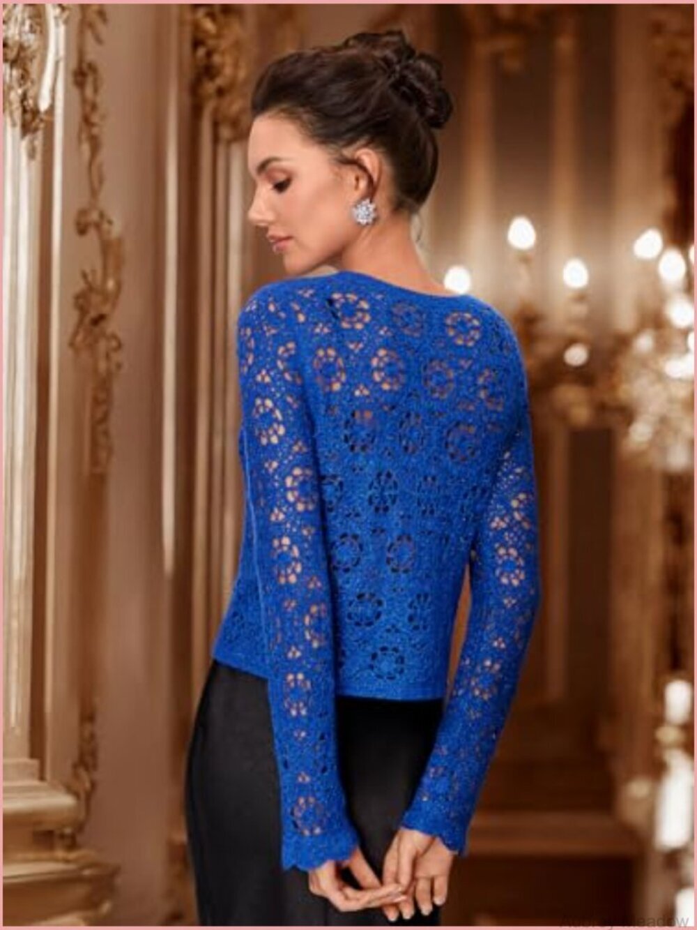 Vintage Crochet Cardigan with Golden Thread, Cropped Openwork Knit Sweater for - Picture 4 of 7